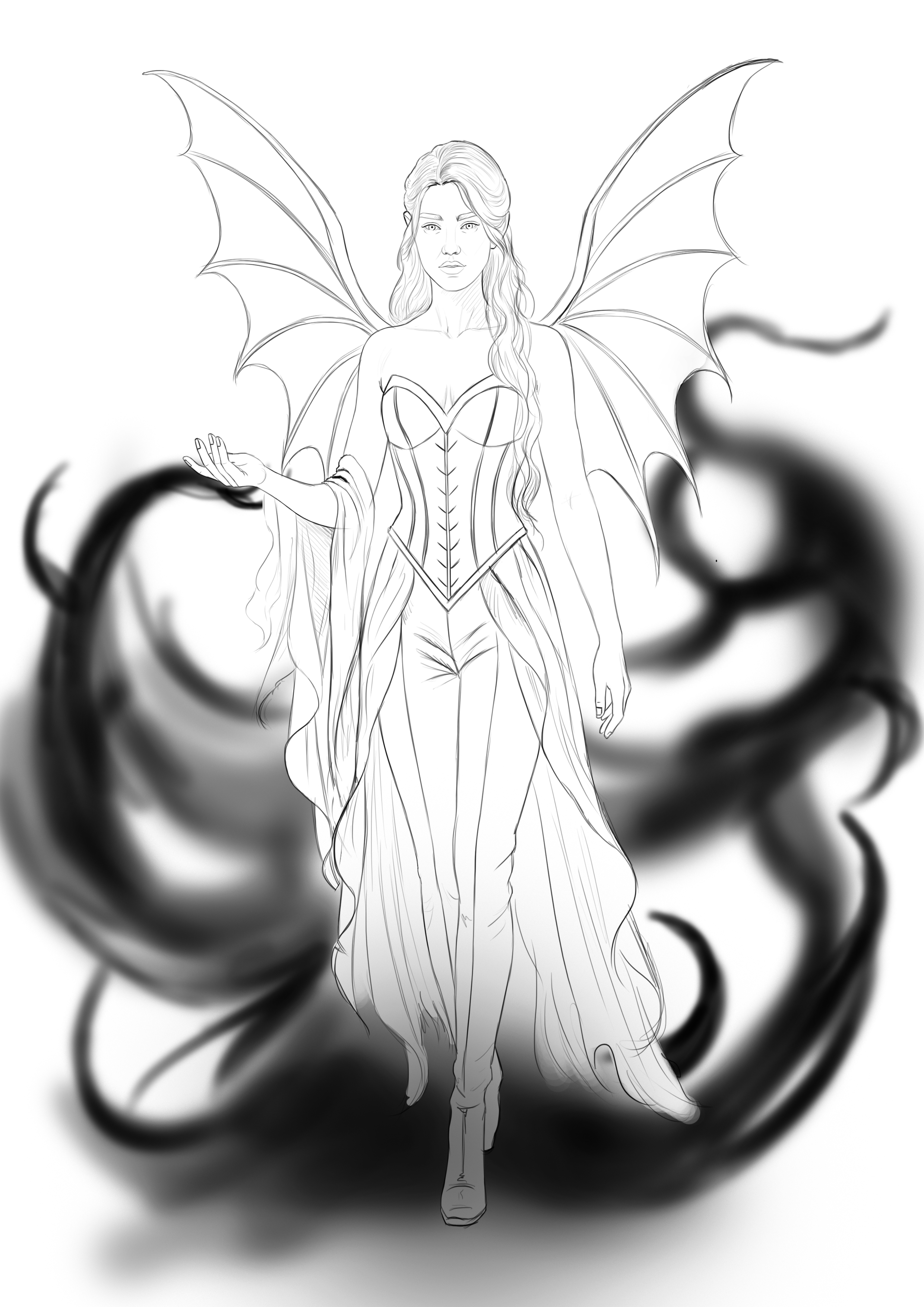 Laurel character sketch with wings and shadow magic from Fate Binds Us.
