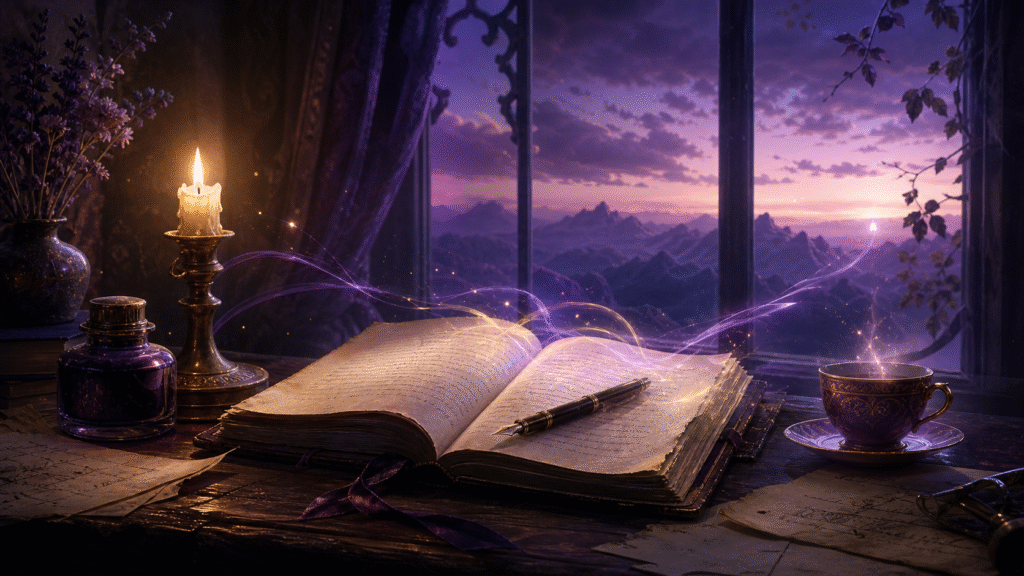 An open manuscript, fountain pen, candle and tea cup at a violet twilight window with distant mountains.